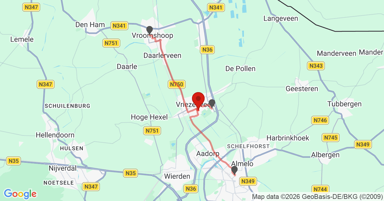 Kaart van het incident in Vriezenveen met de aanrijroutes van de gealarmeerde eenheden