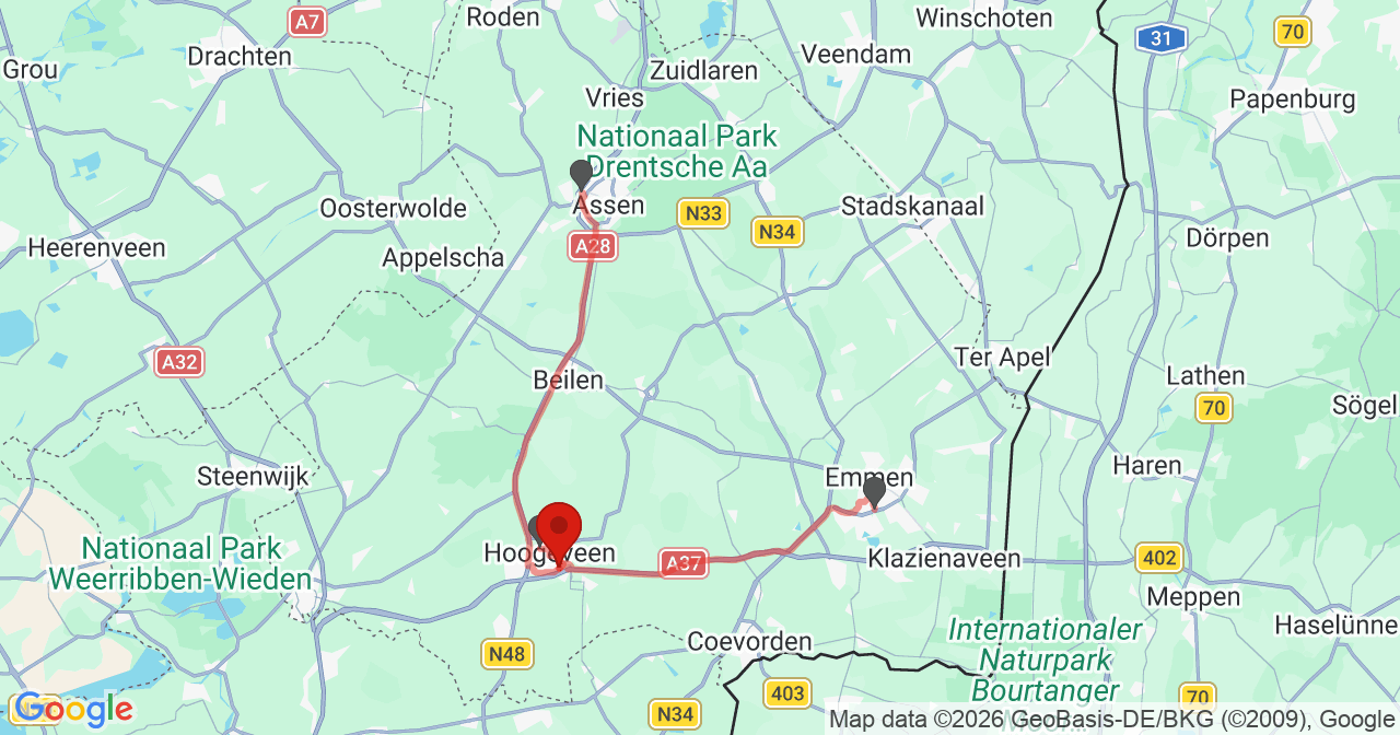 Kaart van het incident in Hoogeveen met de aanrijroutes van de gealarmeerde eenheden