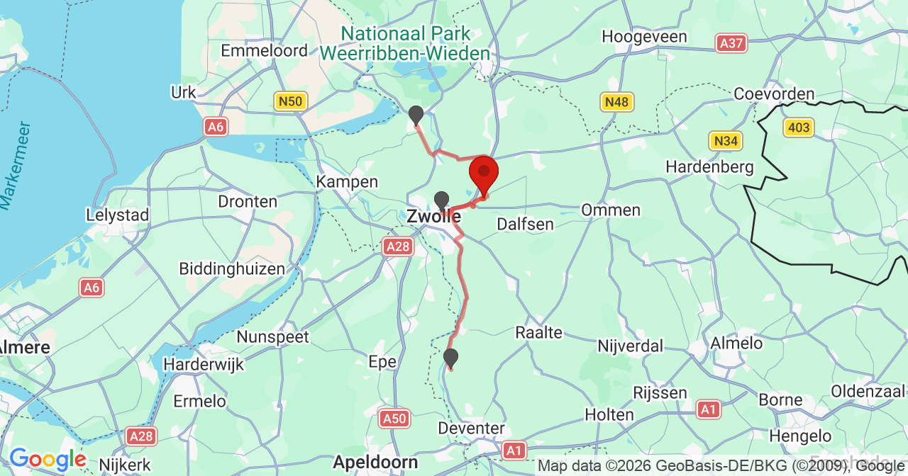 Kaart van het incident in Zwolle met de aanrijroutes van de gealarmeerde eenheden