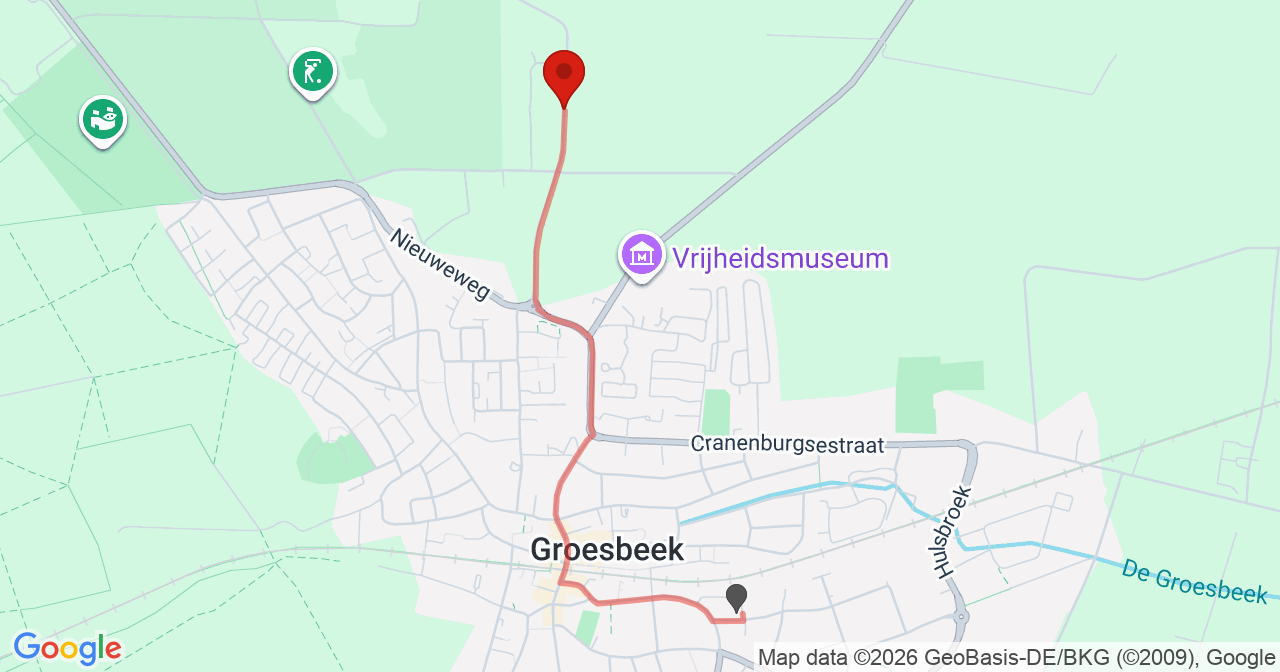 Kaart van het incident in Groesbeek met de aanrijroutes van de gealarmeerde eenheden