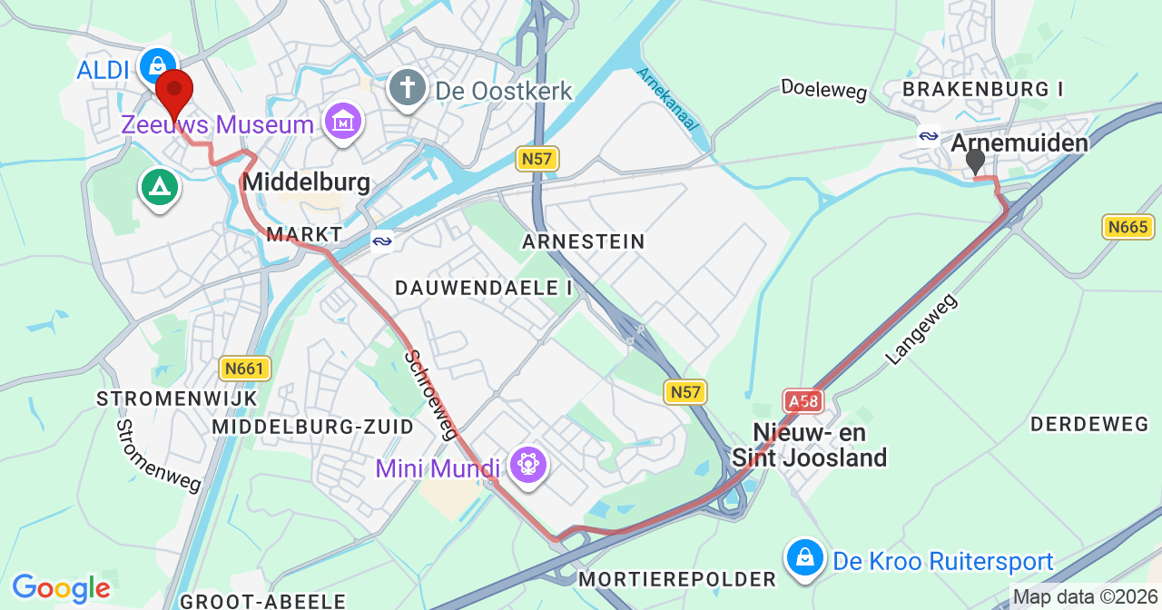 Kaart van het incident in Middelburg met de aanrijroutes van de gealarmeerde eenheden
