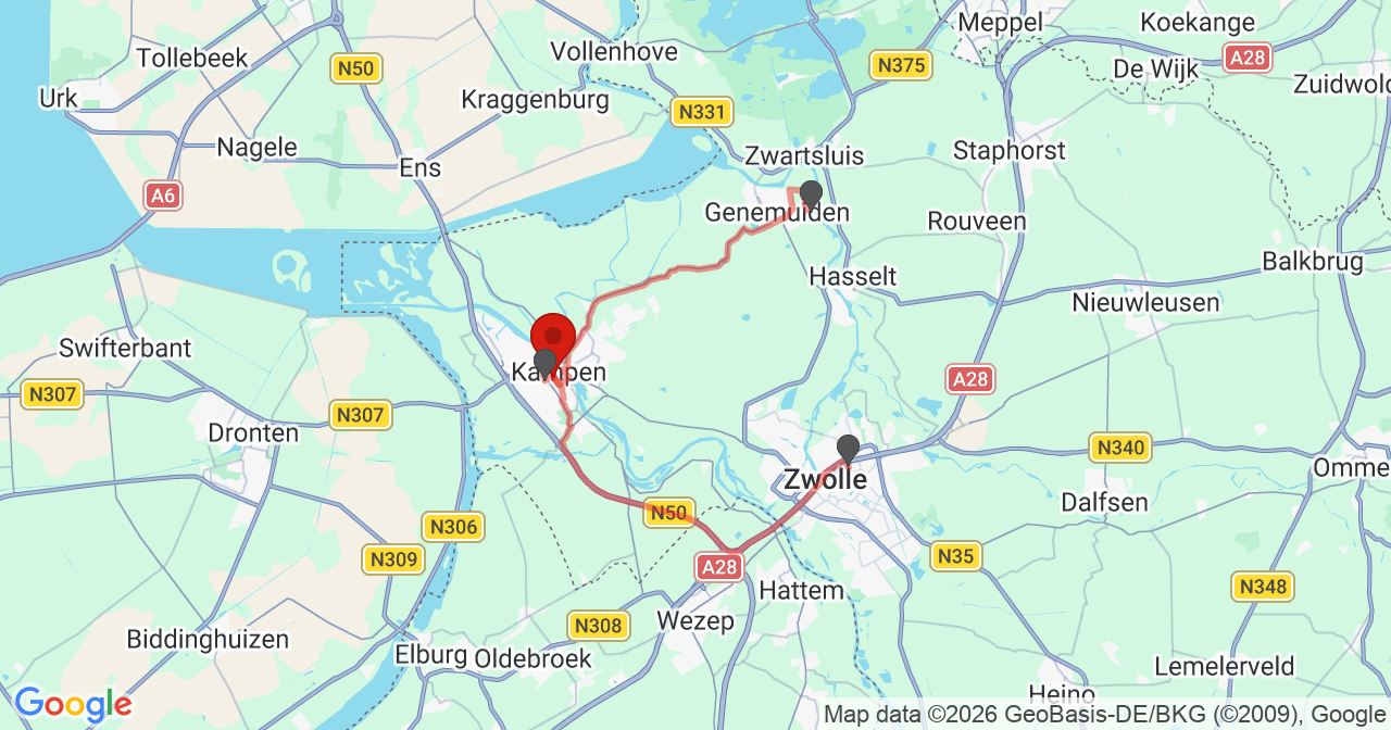 Kaart van het incident in Kampen met de aanrijroutes van de gealarmeerde eenheden