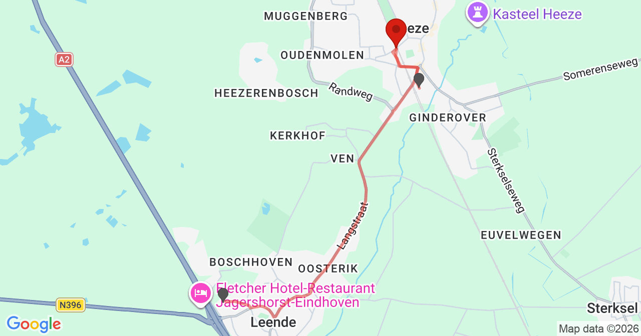 Kaart van het incident in Heeze met de aanrijroutes van de gealarmeerde eenheden