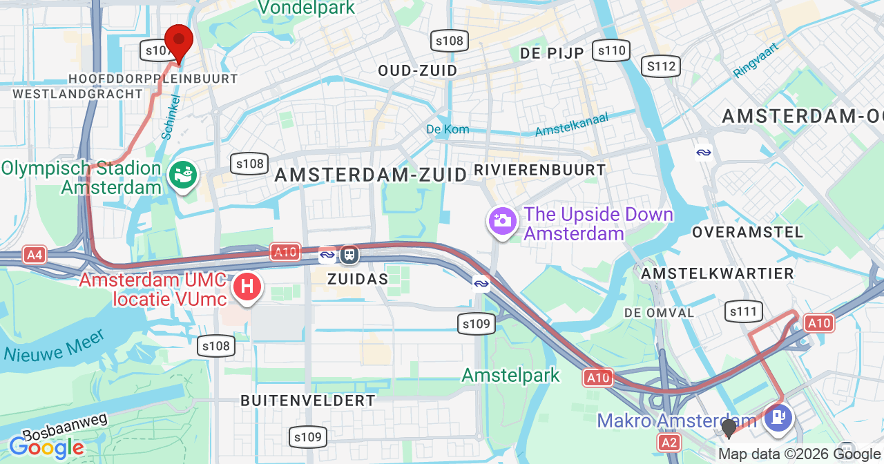 Kaart van het incident in Amsterdam met de aanrijroutes van de gealarmeerde eenheden