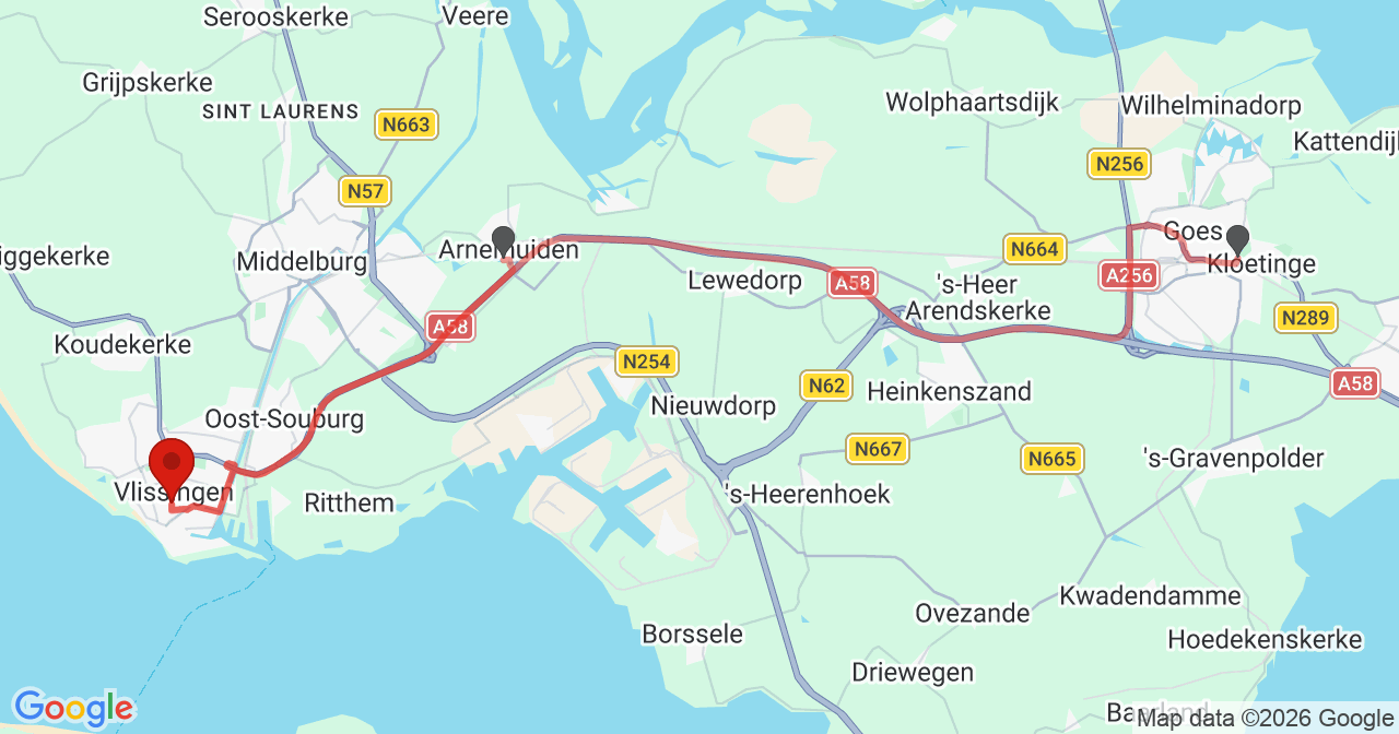 Kaart van het incident in Vlissingen met de aanrijroutes van de gealarmeerde eenheden