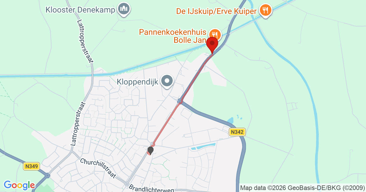 Kaart van het incident in Denekamp met de aanrijroutes van de gealarmeerde eenheden