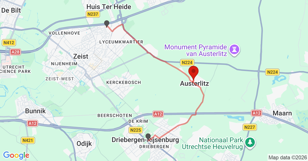 Kaart van het incident in Austerlitz met de aanrijroutes van de gealarmeerde eenheden