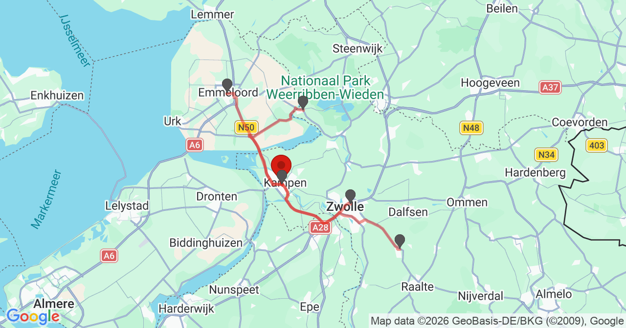 Kaart van het incident in Kampen met de aanrijroutes van de gealarmeerde eenheden