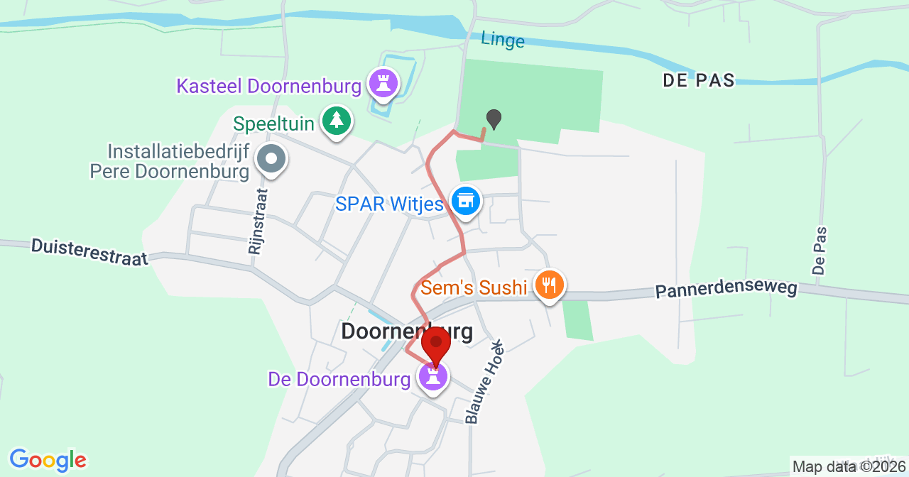 Kaart van het incident in Doornenburg met de aanrijroutes van de gealarmeerde eenheden