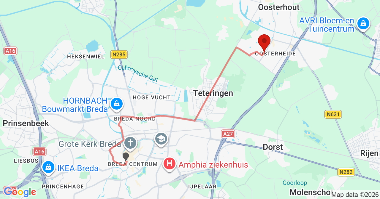 Kaart van het incident in Oosterhout NB met de aanrijroutes van de gealarmeerde eenheden