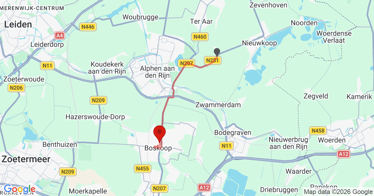 Kaart van het incident in Boskoop met de aanrijroutes van de gealarmeerde eenheden