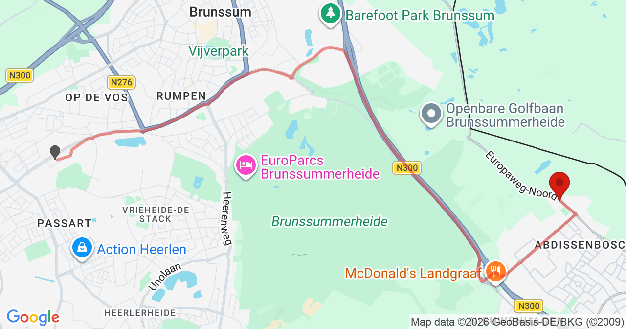 Kaart van het incident in Landgraaf met de aanrijroutes van de gealarmeerde eenheden