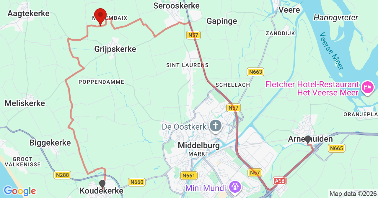 Kaart van het incident in Grijpskerke met de aanrijroutes van de gealarmeerde eenheden