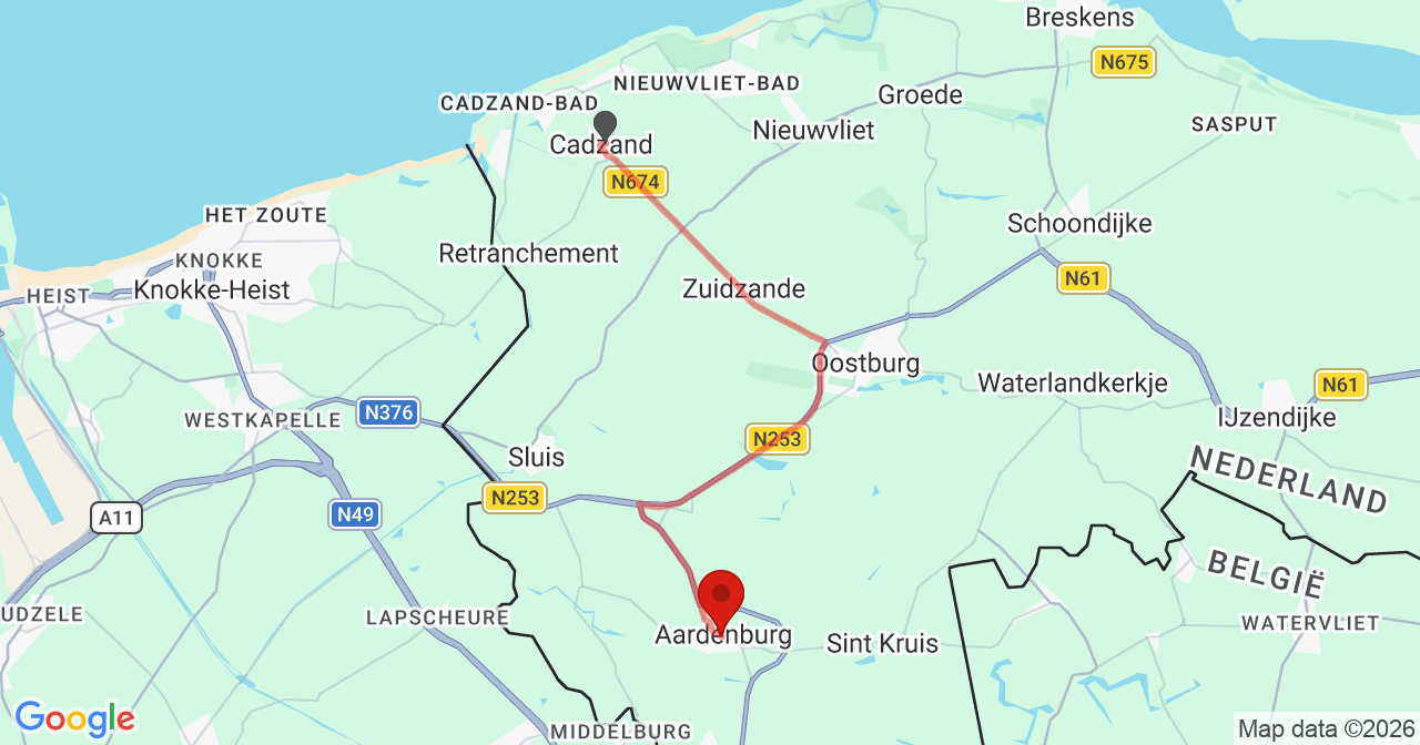 Kaart van het incident in Aardenburg met de aanrijroutes van de gealarmeerde eenheden