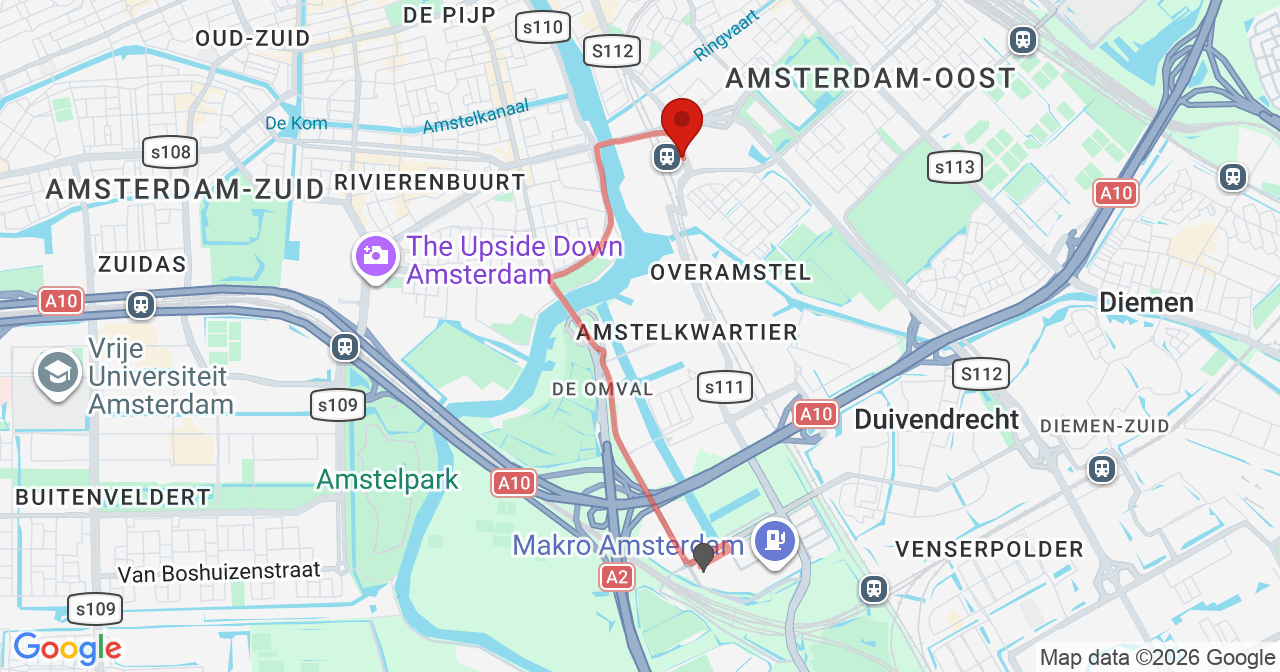 Kaart van het incident in Amsterdam met de aanrijroutes van de gealarmeerde eenheden