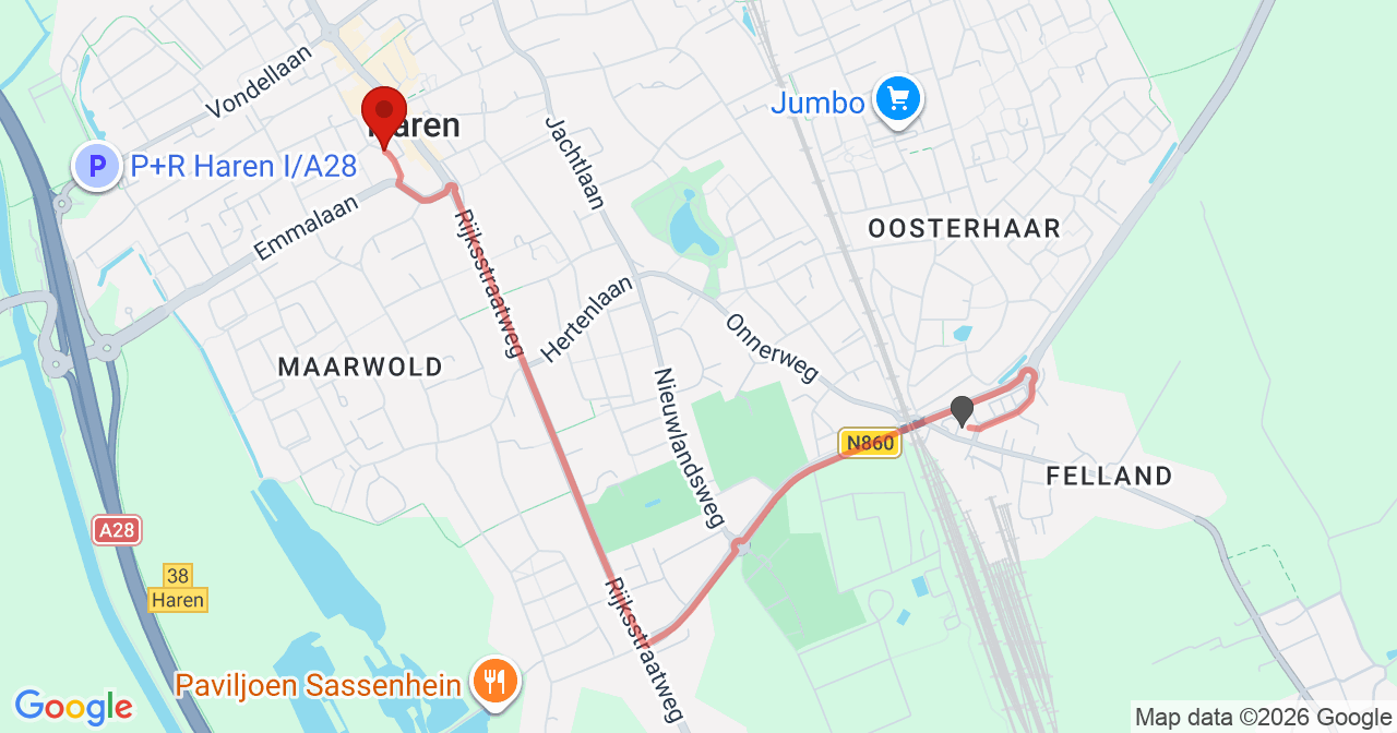 Kaart van het incident in Haren Gn met de aanrijroutes van de gealarmeerde eenheden