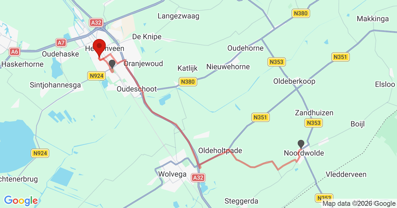Kaart van het incident in Heerenveen met de aanrijroutes van de gealarmeerde eenheden