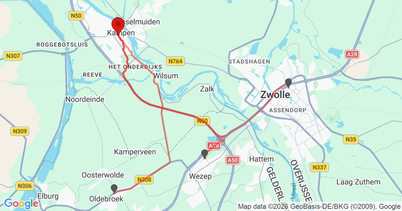 Kaart van het incident in Kampen met de aanrijroutes van de gealarmeerde eenheden