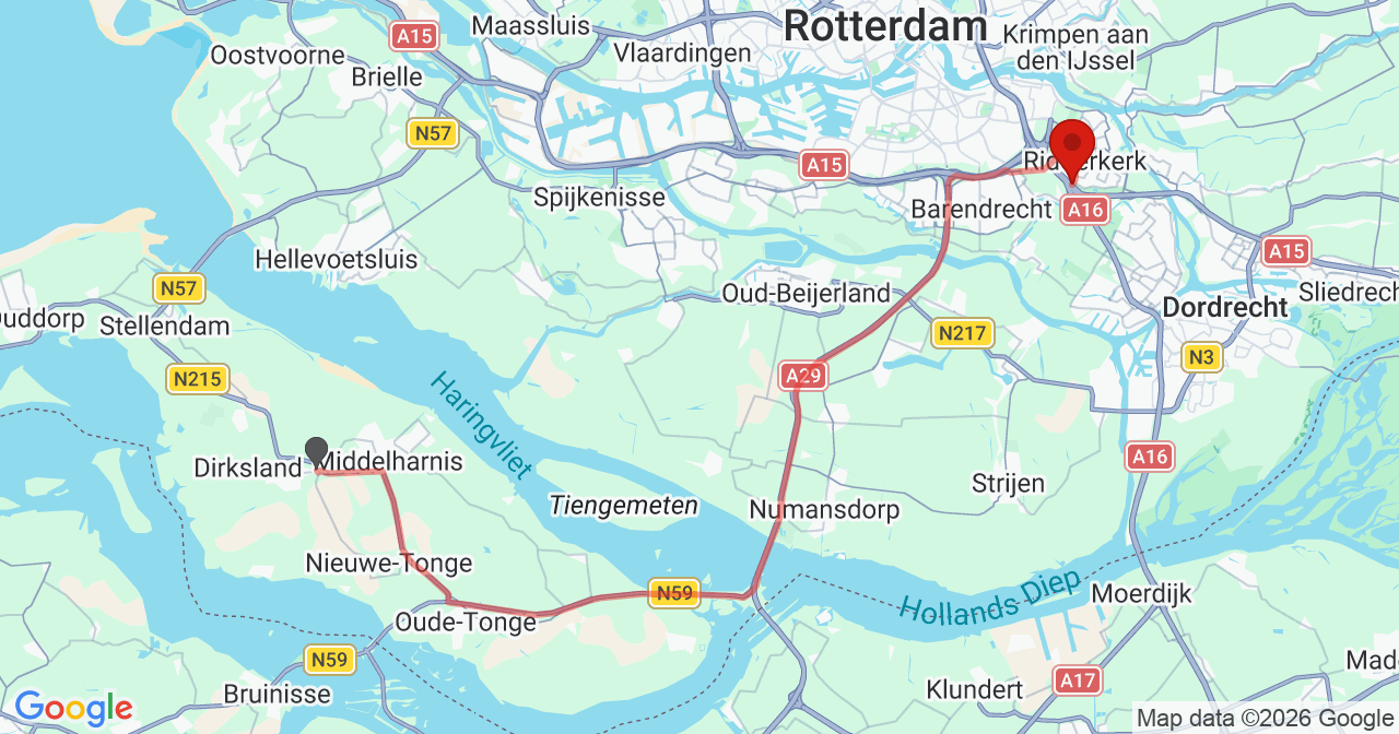 Kaart van het incident in Ridderkerk met de aanrijroutes van de gealarmeerde eenheden