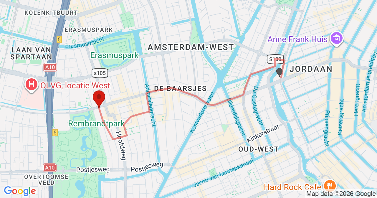 Kaart van het incident in Amsterdam met de aanrijroutes van de gealarmeerde eenheden