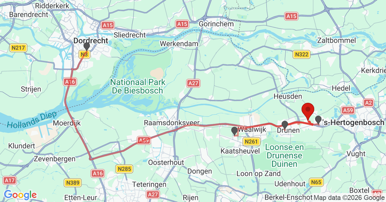 Kaart van het incident in Nieuwkuijk met de aanrijroutes van de gealarmeerde eenheden
