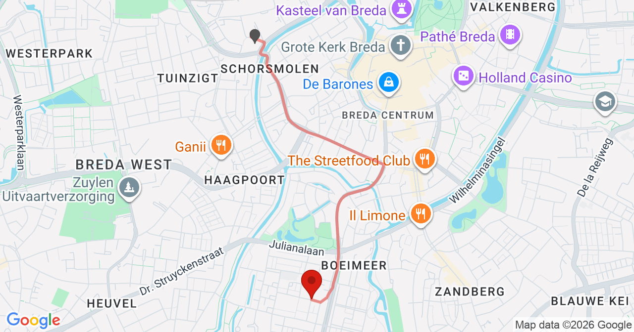 Kaart van het incident in Breda met de aanrijroutes van de gealarmeerde eenheden