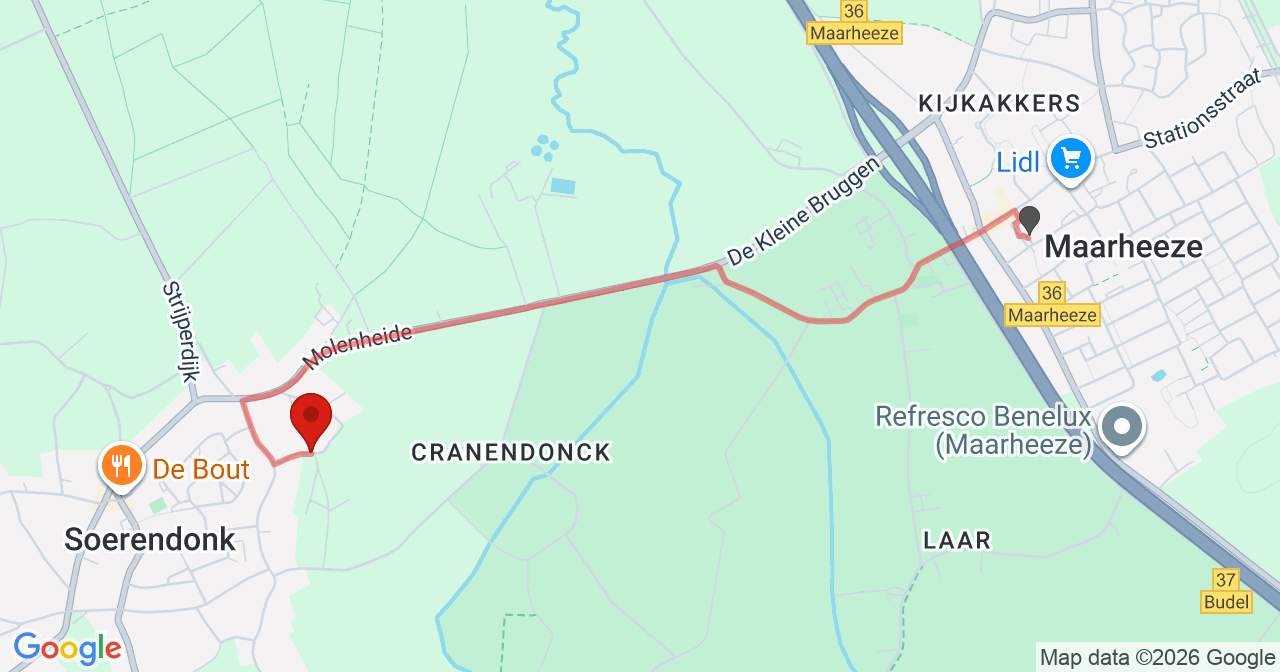 Kaart van het incident in Soerendonk met de aanrijroutes van de gealarmeerde eenheden