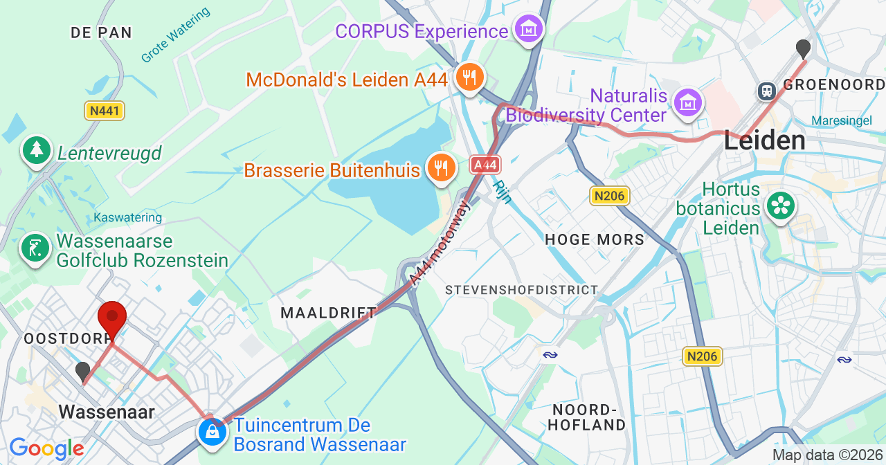 Kaart van het incident in Wassenaar met de aanrijroutes van de gealarmeerde eenheden