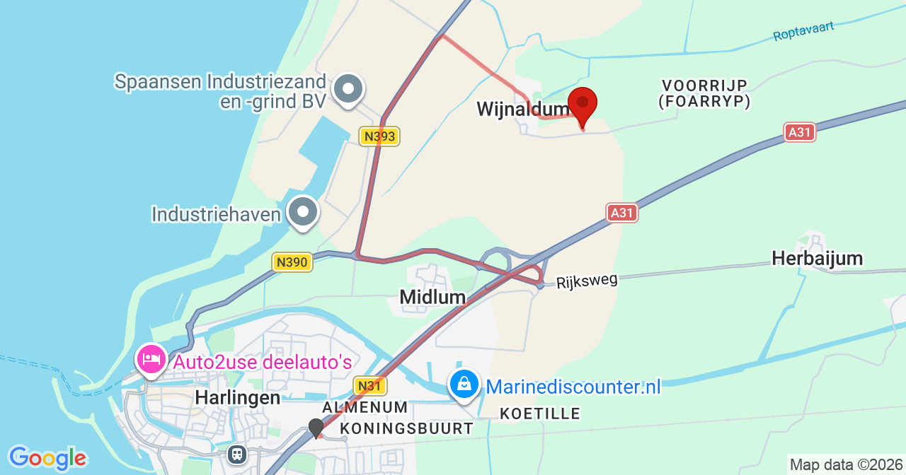 Kaart van het incident in Wijnaldum met de aanrijroutes van de gealarmeerde eenheden