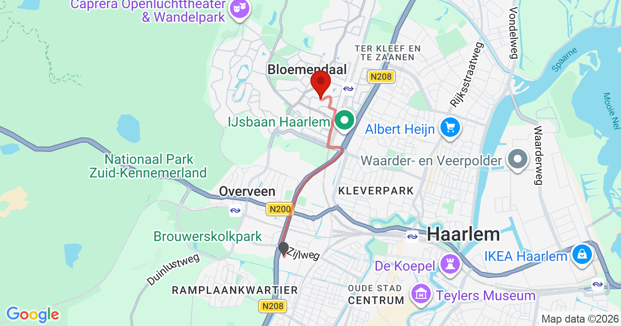 Kaart van het incident in Bloemendaal met de aanrijroutes van de gealarmeerde eenheden