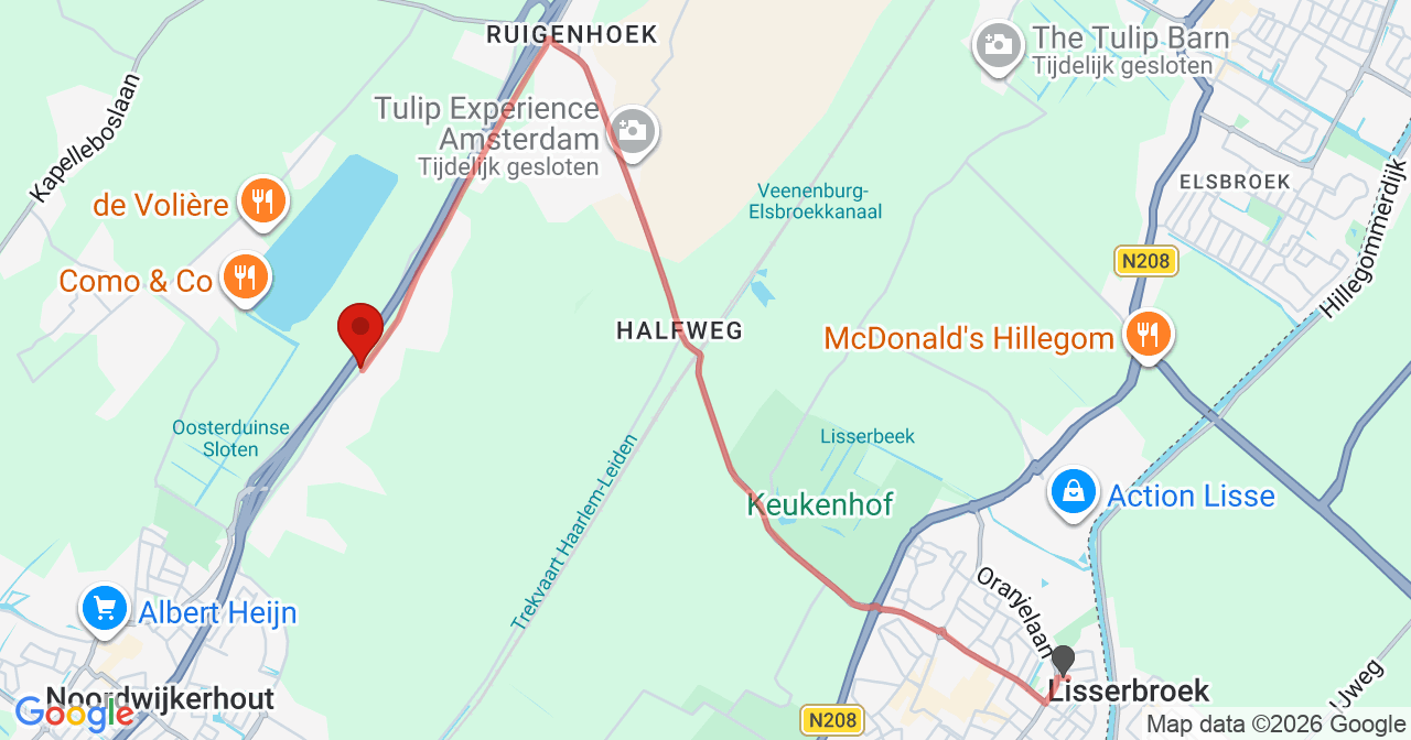 Kaart van het incident in Noordwijkerhout met de aanrijroutes van de gealarmeerde eenheden