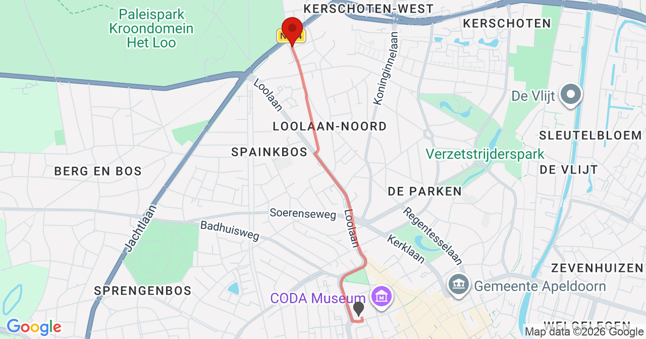 Kaart van het incident in Apeldoorn met de aanrijroutes van de gealarmeerde eenheden