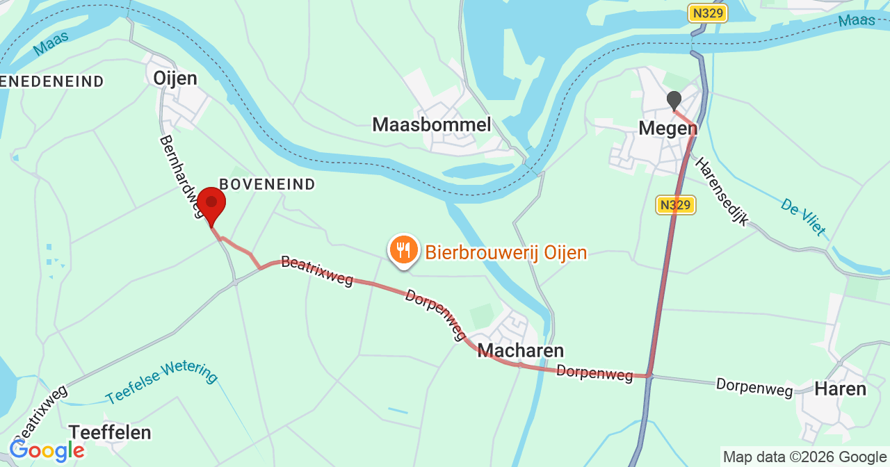 Kaart van het incident in Oijen met de aanrijroutes van de gealarmeerde eenheden