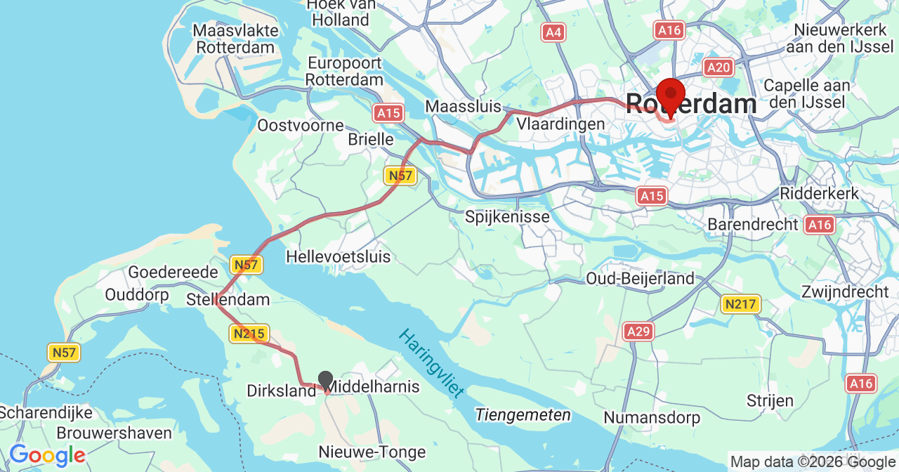 Kaart van het incident in Rotterdam met de aanrijroutes van de gealarmeerde eenheden