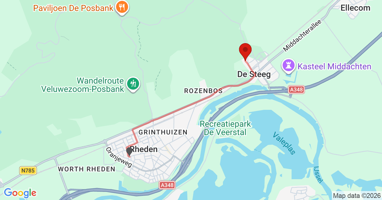 Kaart van het incident in De Steeg met de aanrijroutes van de gealarmeerde eenheden