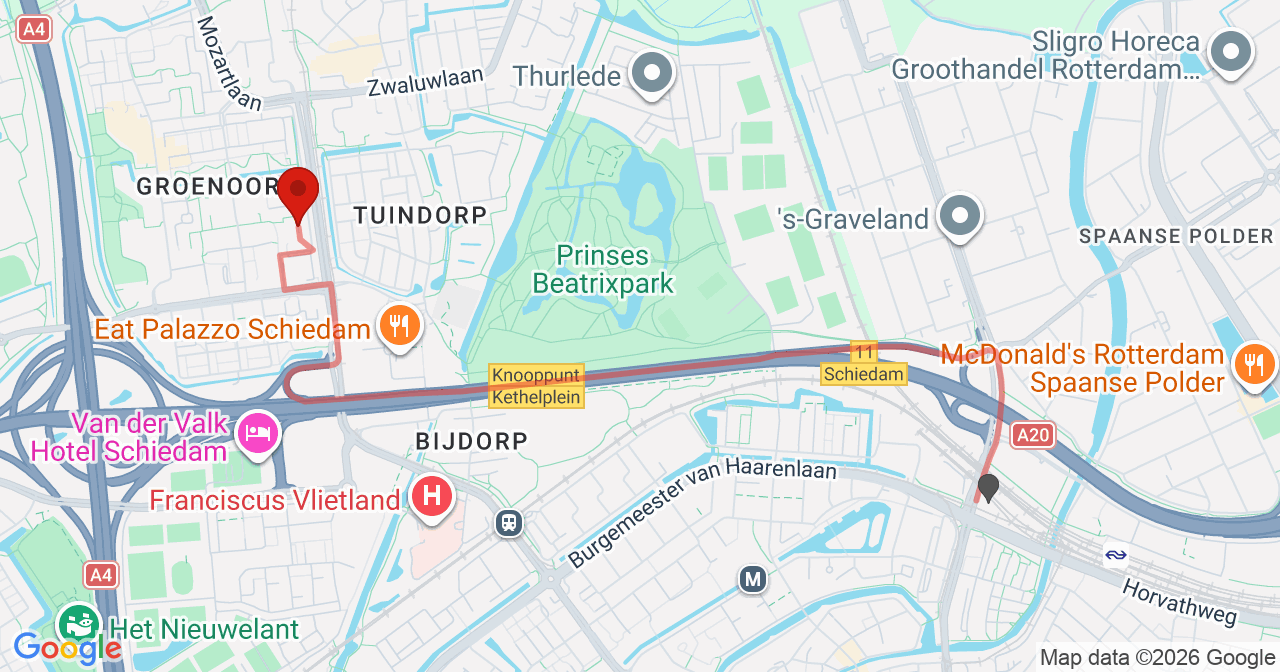 Kaart van het incident in Schiedam met de aanrijroutes van de gealarmeerde eenheden