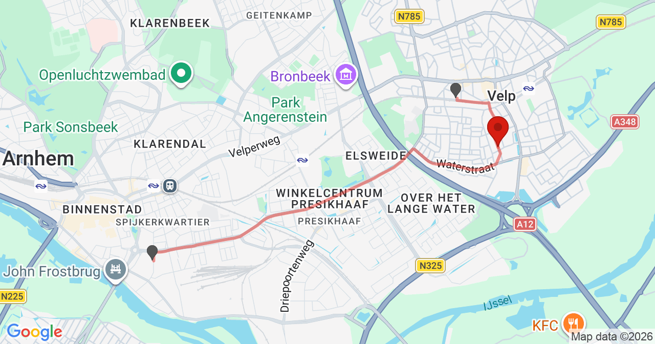 Kaart van het incident in Velp met de aanrijroutes van de gealarmeerde eenheden