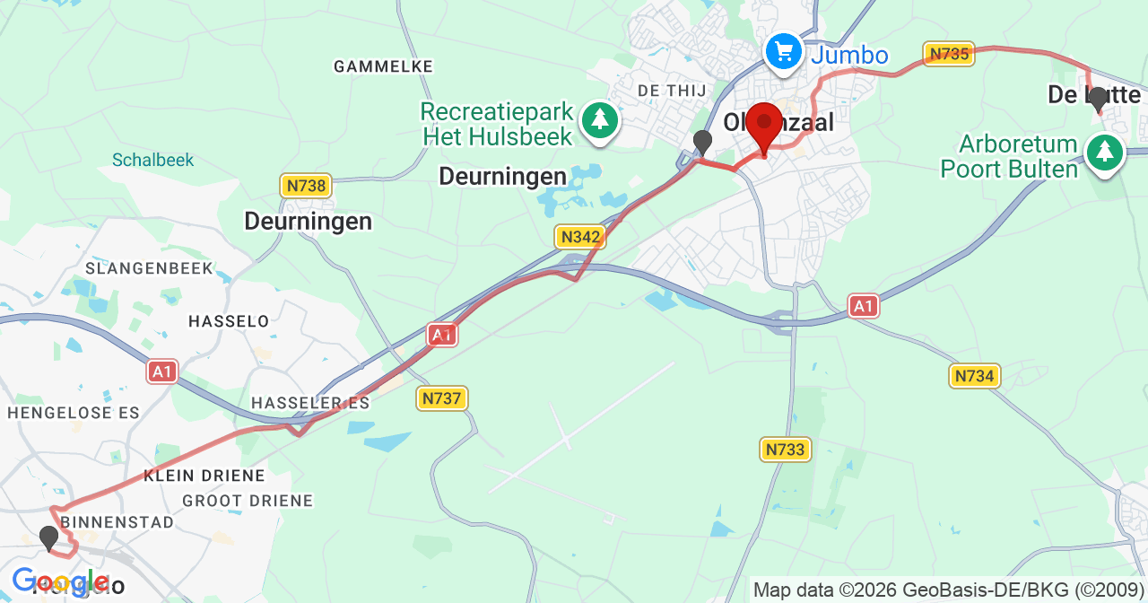 Kaart van het incident in Oldenzaal met de aanrijroutes van de gealarmeerde eenheden