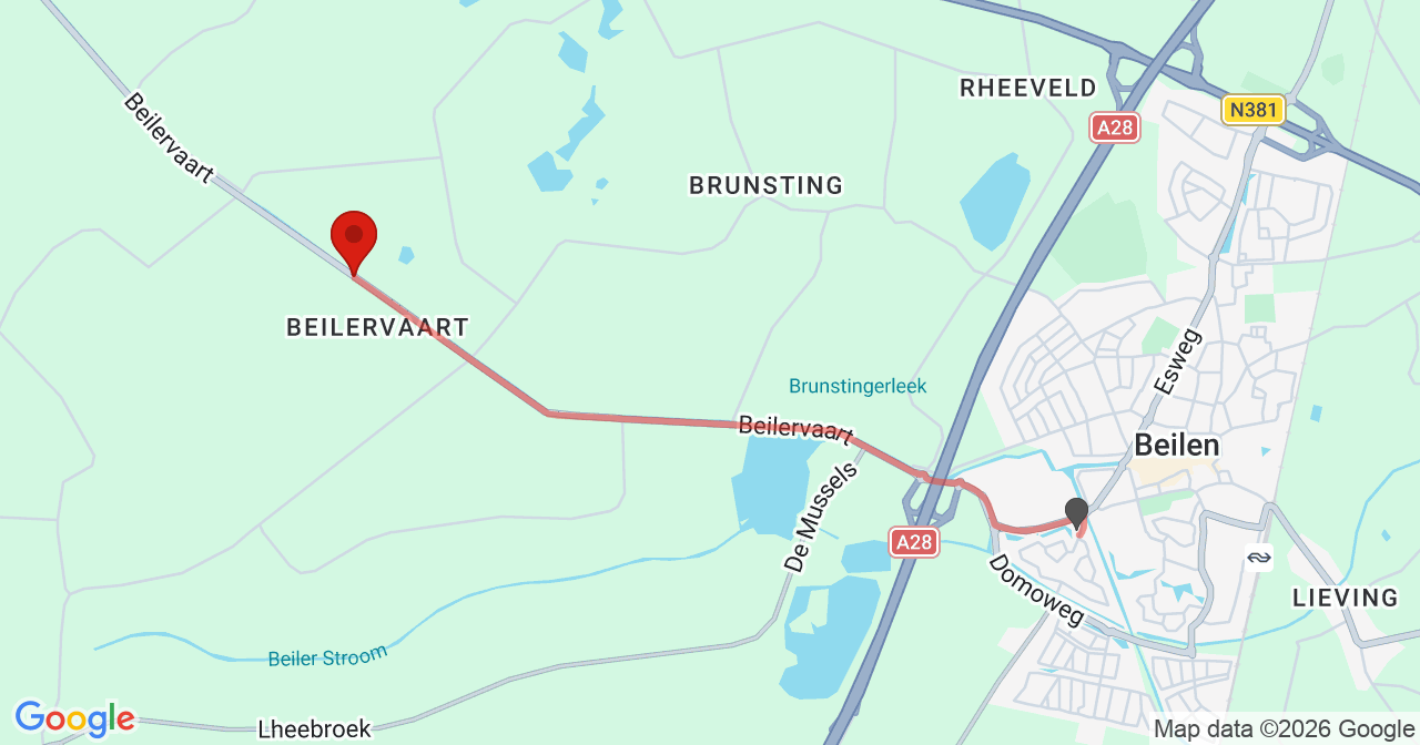 Kaart van het incident in Beilen met de aanrijroutes van de gealarmeerde eenheden