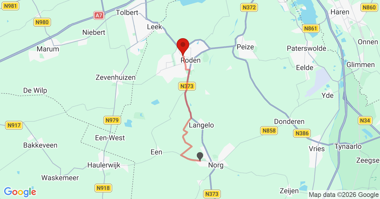 Kaart van het incident in Roden met de aanrijroutes van de gealarmeerde eenheden