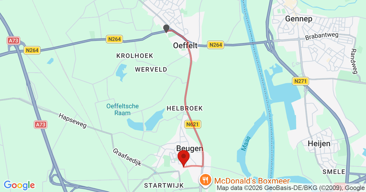 Kaart van het incident in Beugen met de aanrijroutes van de gealarmeerde eenheden