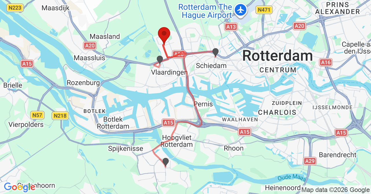 Kaart van het incident in Vlaardingen met de aanrijroutes van de gealarmeerde eenheden
