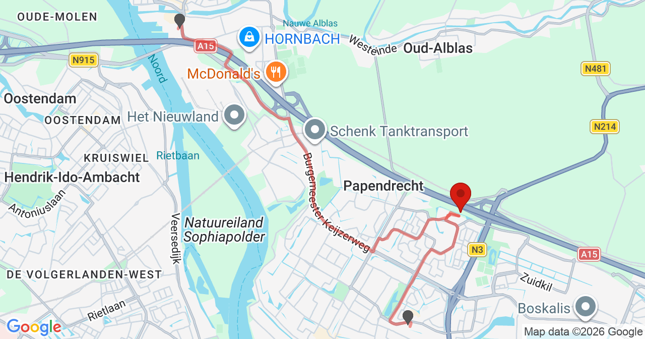 Kaart van het incident in Papendrecht met de aanrijroutes van de gealarmeerde eenheden