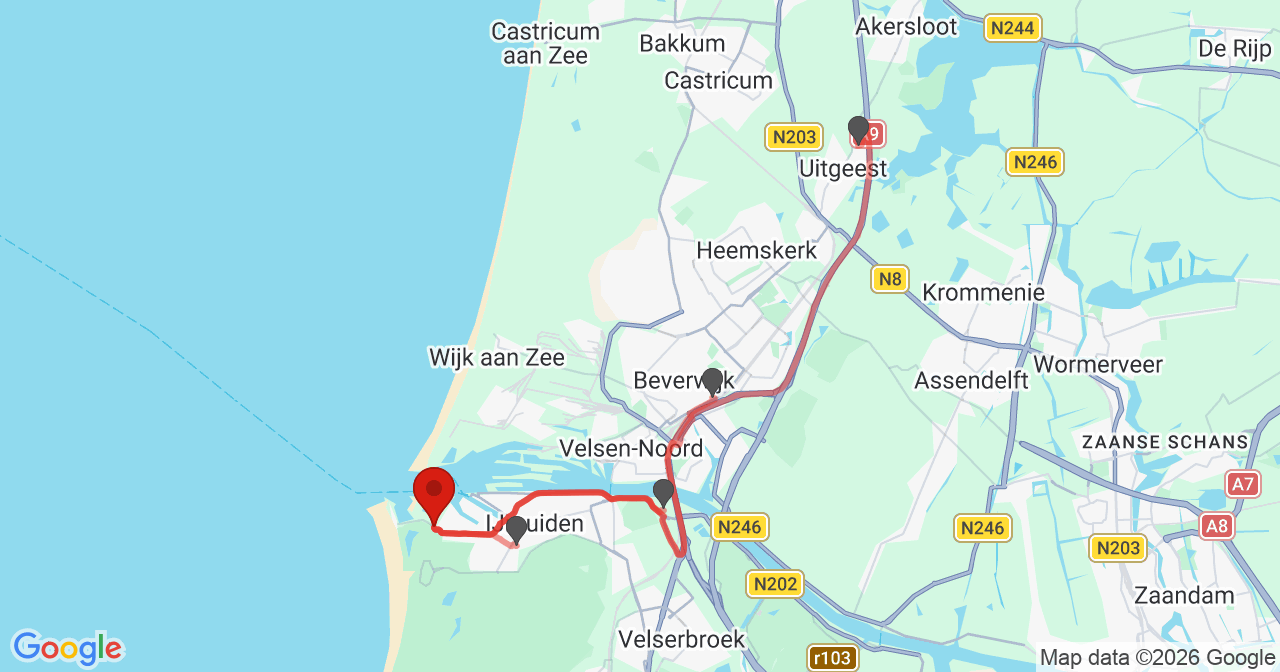 Kaart van het incident in IJmuiden met de aanrijroutes van de gealarmeerde eenheden