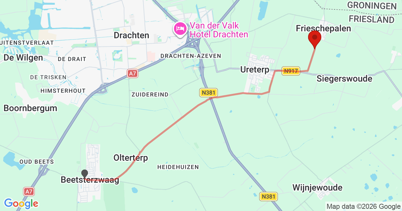 Kaart van het incident in Frieschepalen met de aanrijroutes van de gealarmeerde eenheden