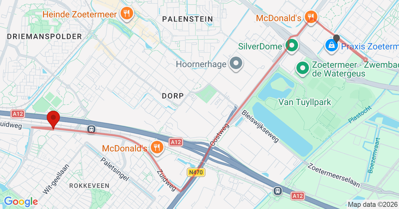 Kaart van het incident in Zoetermeer met de aanrijroutes van de gealarmeerde eenheden