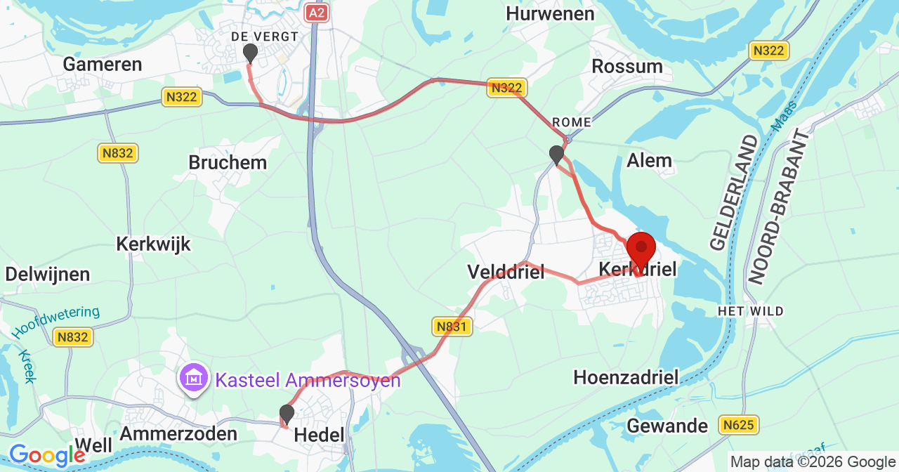 Kaart van het incident in Kerkdriel met de aanrijroutes van de gealarmeerde eenheden