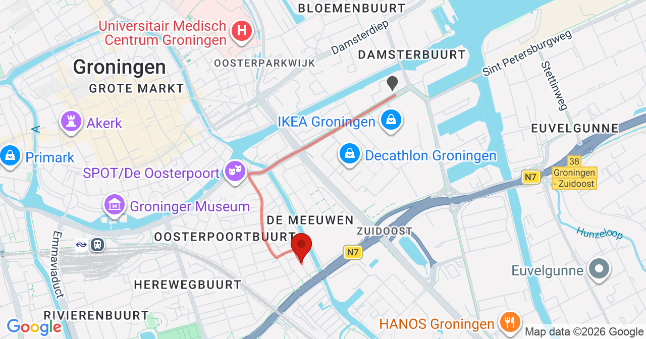 Kaart van het incident in Groningen met de aanrijroutes van de gealarmeerde eenheden