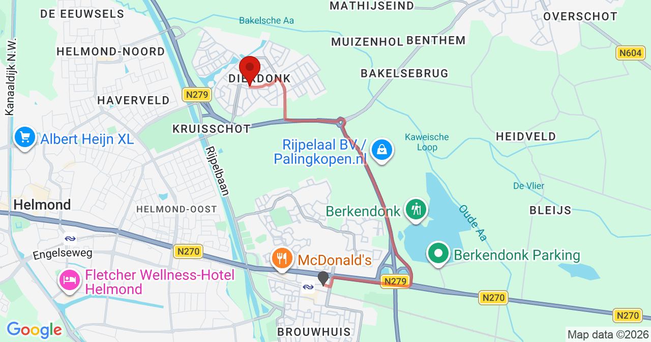 Kaart van het incident in Helmond met de aanrijroutes van de gealarmeerde eenheden