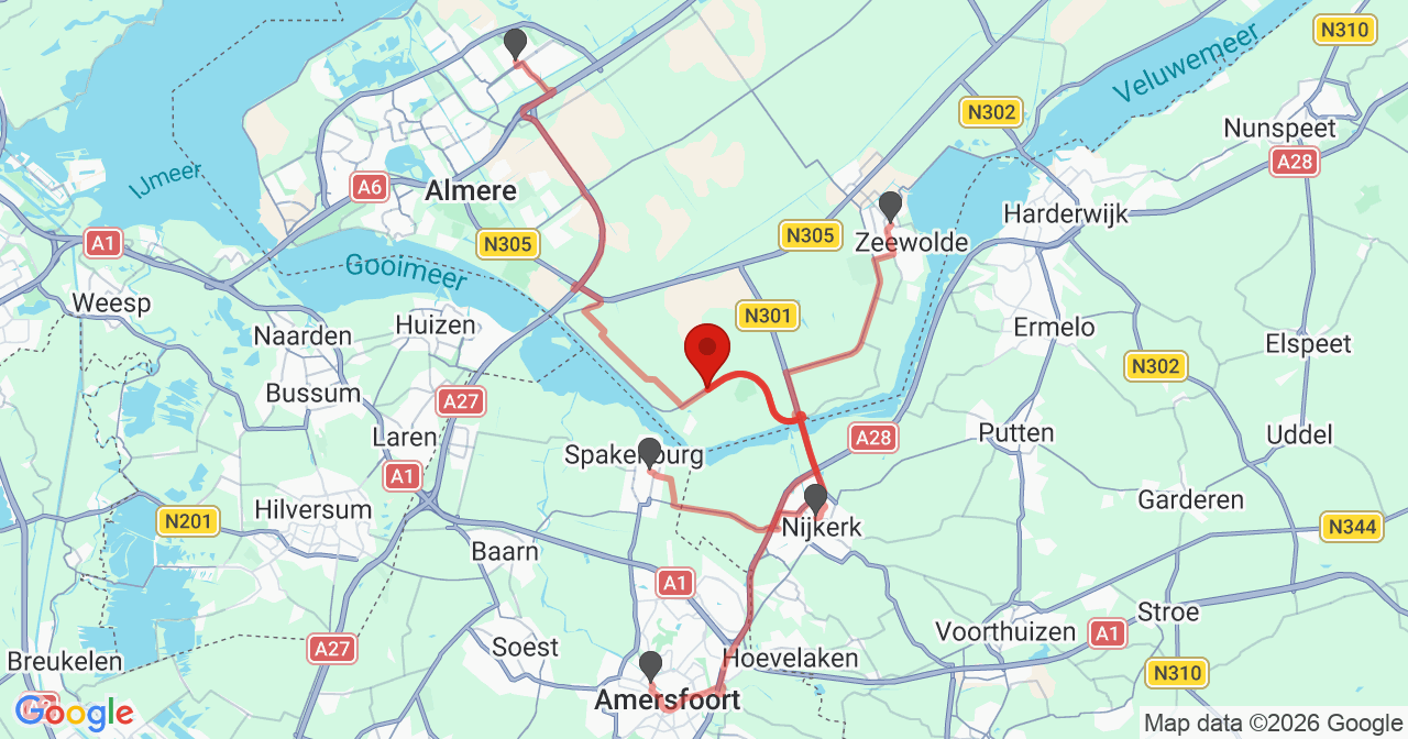 Kaart van het incident in Zeewolde met de aanrijroutes van de gealarmeerde eenheden